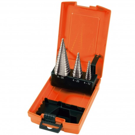HSS Step Drill Bits Set 3-Pc In Plastic Box, power tool accessories, 3Pcs HSS step cone drill bits set in plastic box.