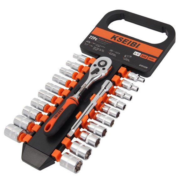Set chei tubulare hexagonale și clichet 1/4", 22 buc. pentru mecanici | KSEIBI