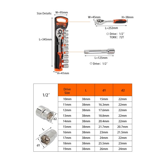 High-Quality Hexagon Socket And Ratchet Set for 1/2" Drive | KSEIBI