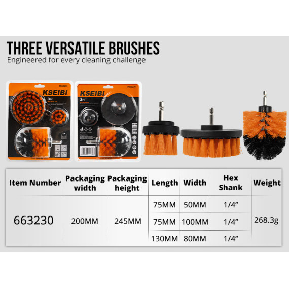 Drill Cleaning Brush 1/4" Hex Shank 3-Piece Set | KSEIBI