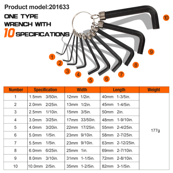 Σετ κλειδιά Allen (μαύρη οξείδωση) με κρίκο - 10 τεμ. | KSEIBI