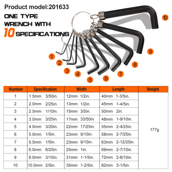 "Premium Black Oxide Hex Key Set Ring | 10pc. Set for Precision Work | KSEIBI"