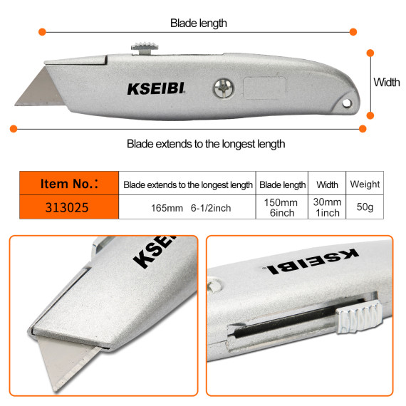 Couteau utilitaire rétractable en aluminium 150mm pour travaux lourds | KSEIBI